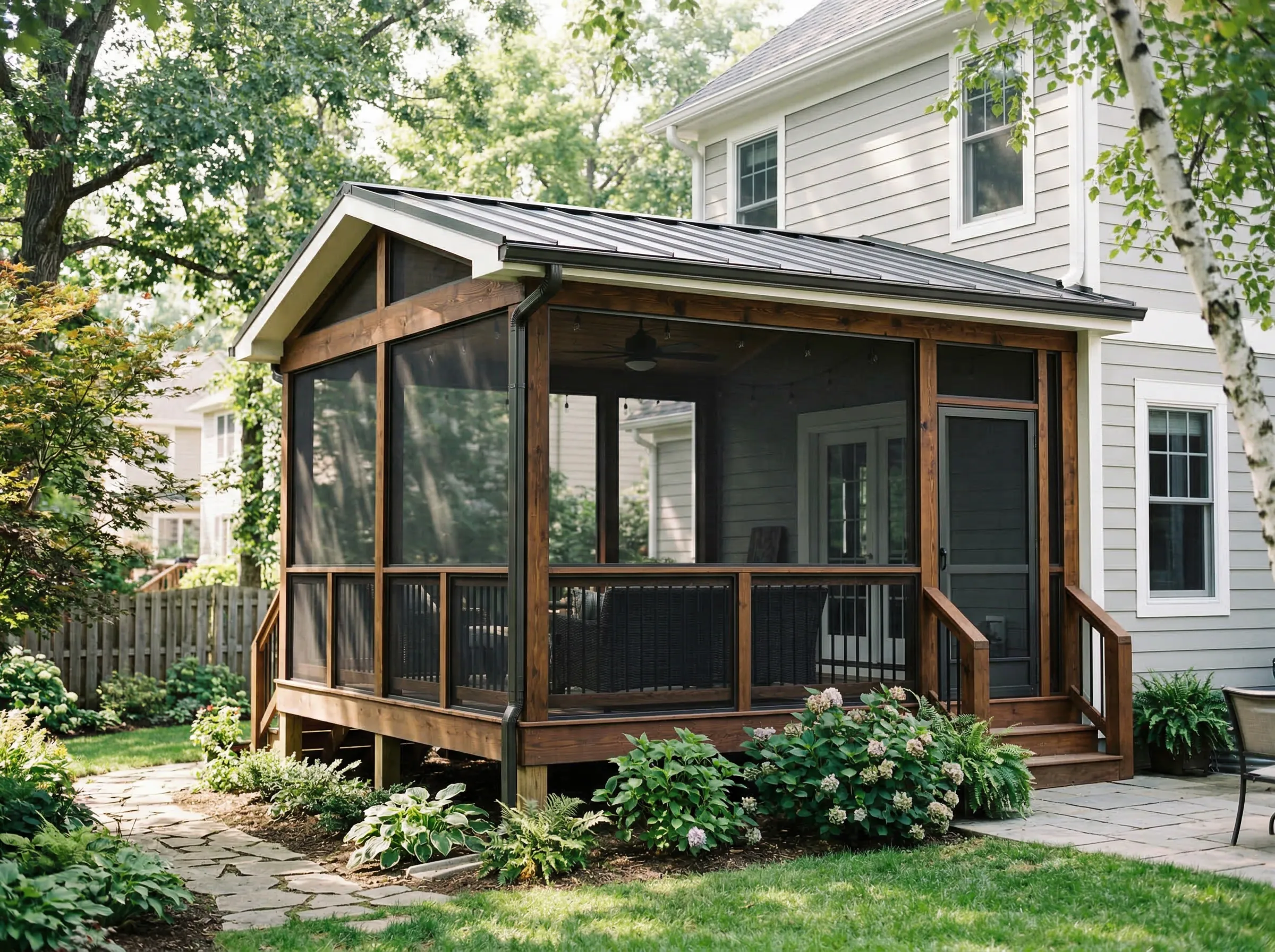 Screened porch with outdoor dining area in Johns Creek, GA